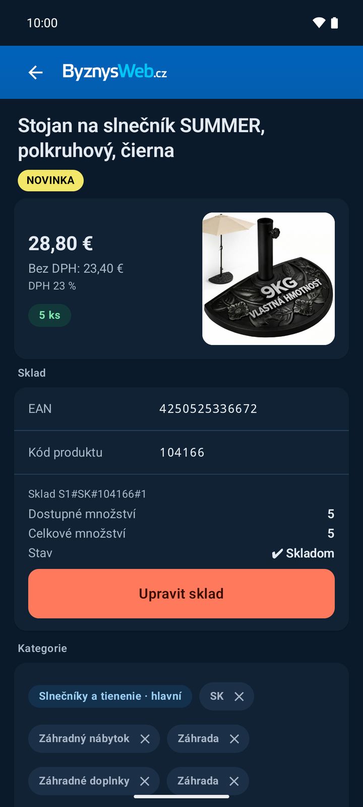 Detail produktu v tmavém režimu